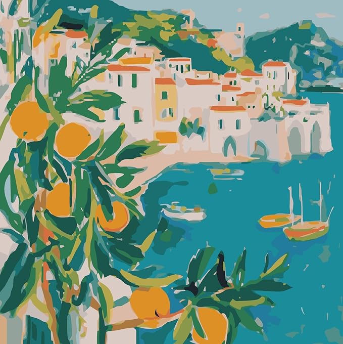 Paint by Numbers Kit for Adults Beginner,Tangerine Tree Paint by Number Kits on Canvas, DIY Easy Acrylic Mediterranean Scenery Watercolor Oil Painting by Numbers for Home Wall Decor 16X16inch