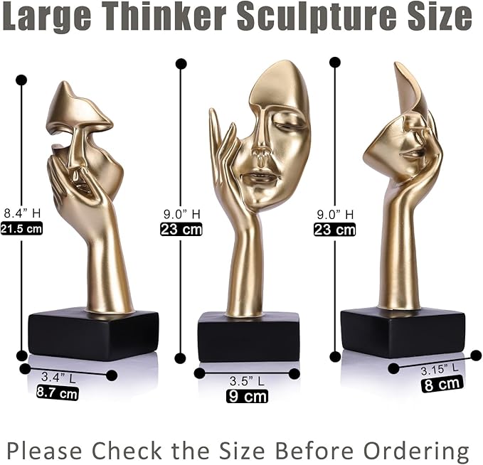 oliruim 3 Pcs Thinker Large Statue Set - Black Glod Art Abstract Home Accent Figurines for Living Room, Bedroom, Shelves, Office Desktop, Coffee Table Decor, Gift for Women (3 Pcs Black Glod, 9")