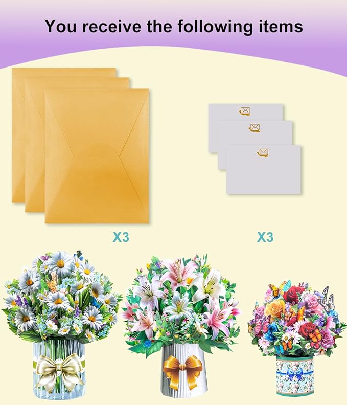 3D Pop Up Flower Bouquet Cards with 3 Envelopes & Blank Notecards, Featuring Multicolor Roses & Butterflies, White Daisies & Lavender, Pink & White Lilies for Birthday, Mother's Day, Get Well, Anniversary,All Occasions