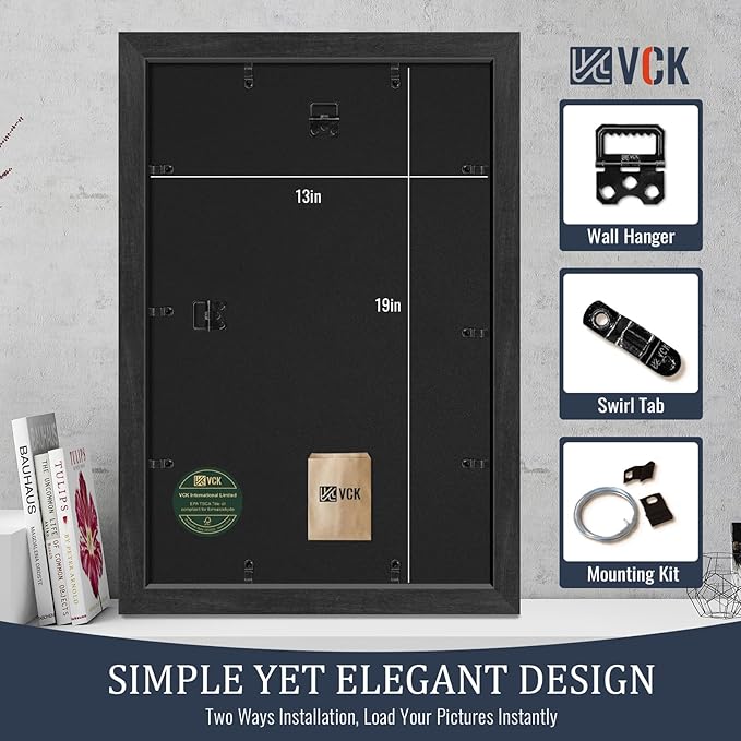 VCK 13x19 Picture Frames Black Set of 5, Wide Border Wood, Tempered Glass, Display 11x17 Photo with Mat or 13 x 19 without, for Home, Office, Gallery, Woodgrain Series, Wall Hanging