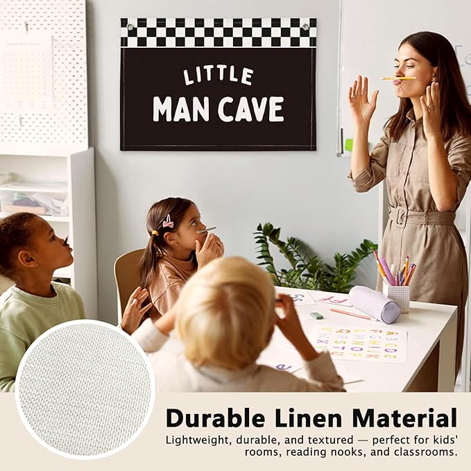 Little Man Cave Black and White Checkered Boys Room Decor - Linen Banner Wall Hanging Canvas Banner Flag Decor for Nursery Toddler Boys Bedroom Playroom