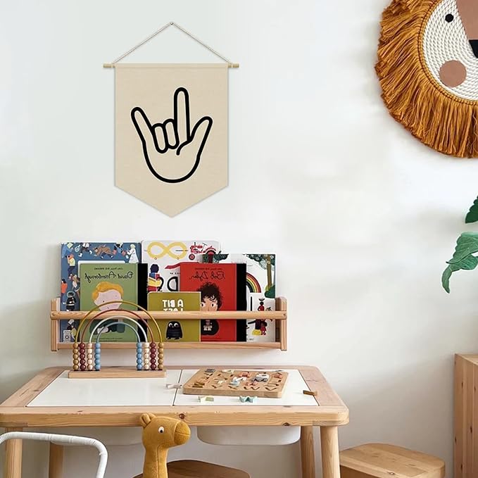 Kids Room Decor, Boy Nursery Linen Canvas Banner, I Love You Hand Sign Neutral Wall Hanging Pennant Flag Banner for Boys Kids Toddler Room Bedroom Playroom Decor, 15x11in