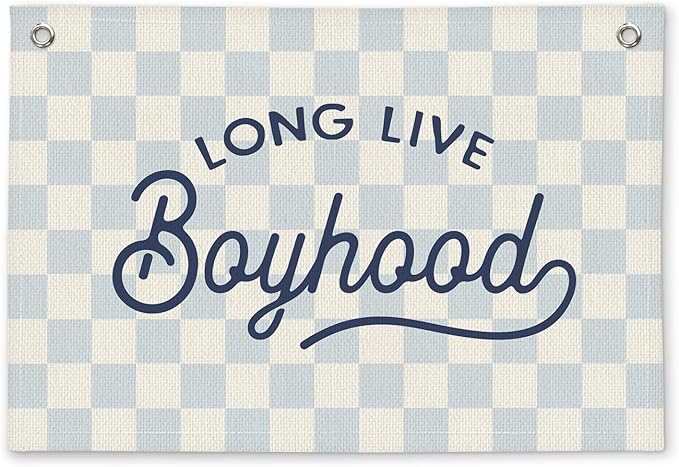 Long Live Boyhood Blue Checkered Boys Room Decor - Linen Banner Wall Hanging Canvas Banner Flag Decor for Toddler Boy Bedroom Nursery Playroom