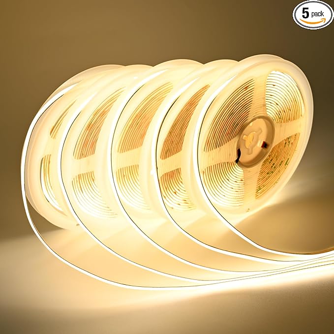 COB LED Strip Lights DC 12V LED Lights Flexible Super Bright LED Strips, 5Pack 16.4FT 4000K Natural White CRI 90+, 480LEDs/m High Density Uniform Light fo Home Room Decor (No Adapter or Controller)