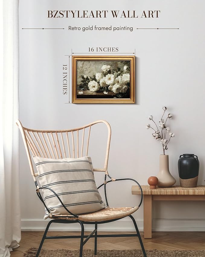 Bzstyleart Vintage Wall Art Decor for Living Room,Gold Framed Prints Flowers Wall Art Home Decor Aesthetic,White Rosebush Vintage Botanical Flower Prints,Canvas Picture Print Artwork for Christmas Gift,12 x 16 Inch