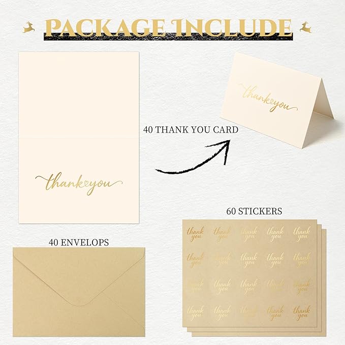 40 Pack Gilding Thank You Cards with Envelopes & Matching Stickers, Thank You Notes for Wedding, Business, Baby Shower, Small Business, Graduation
