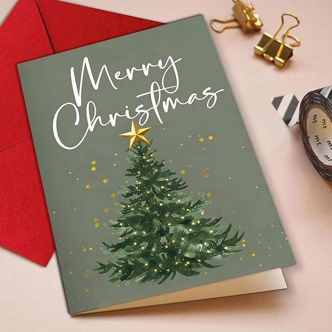 (5.3x8in) Merry Christmas Card with Envelope, Elegant Minimalist Holiday Tree Design with Golden Star, Simple Classic Christmas Greeting Card for Family, Friends, and Coworkers (Xmas 26)