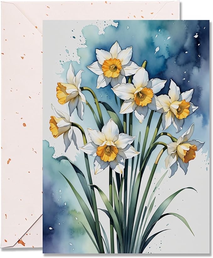 Blank Inside Greeting Card with Envelope, 5x7 Inch Watercolor Daffodil Greeting Card – Birthday, Thank You, Sympathy, All Occasion - Single Card