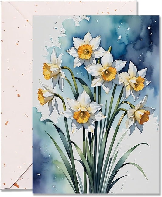 Blank Inside Greeting Card with Envelope, 5x7 Inch Watercolor Daffodil Greeting Card – Birthday, Thank You, Sympathy, All Occasion - Single Card