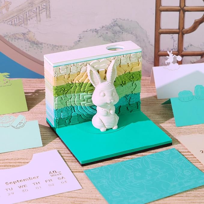 3D Time Piece Calendar 2026 3D Tear Away Art Memo Pad Notepad Desk Calendar with Light,3D Art Calendar Desktop Decoration Gift for Christmas (Auspicious Rabbit)