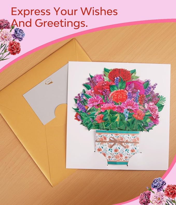 Magic Ants Flower Paper Pop Up Cards - Lily+Tulip+Carnation - Mother's Day, Birthday, Thank You Greeting Cards for Mom - 3D Popup Flower Bouquet Design - Includes Envelop