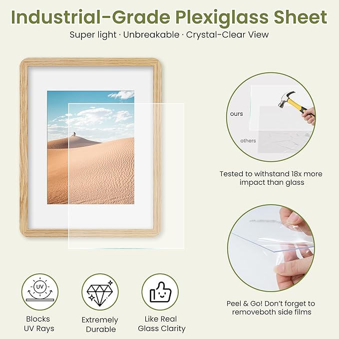 Dreamland 11x14 Picture Frame, Solid Oak Wood Photo Frame with Mat for 8x10, Round Corner 11 x 14 Matted Picture Frames with Resistant Plexiglass for Wall Mounting or Tabletop, Oak Color, Set of 1