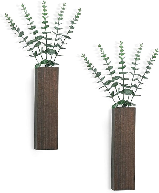 Dahey 2 Pack Small Wood Wall Planter Vase with Artificial Eucalyptus Farmhouse Wall Hanging Decor Planter for Indoor Fake Plants Greenery, Living Room Bedroom Kitchen Home Office Decoration, Brown