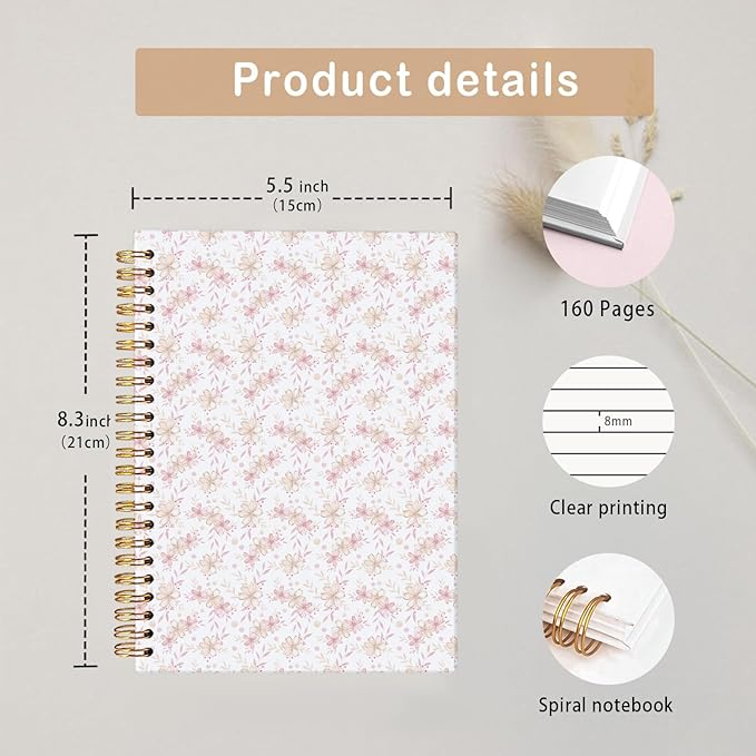 MOFUYU Pink Cute Notebook for Women,Pretty Notebook Gifts for Women,Coquette Pink Bow Floral Journal A5,Spiral Notepad for Daily Writing,Pretty Gift for Teen Girls or Students