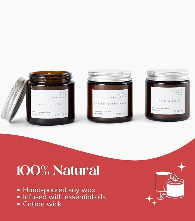 Unboxme Gifts 3-Pack Aromatherapy Scented Candle Gift Set – Hand-Poured Soy Wax Candles with Essential Oils in Reusable Glass Jars – Relaxation & Gift-Ready Candle Set – Merry + Bright Set