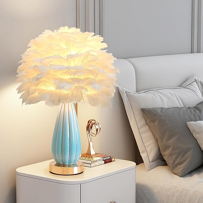 Chic White Feather Lamp Creative Feather Bedside Lamp Princess Nightstand Table Lamp Deco Nordic Desk Light for Cute Girl Bedroom Wedding Christmas Gift Living Room Entry Ceramic Body