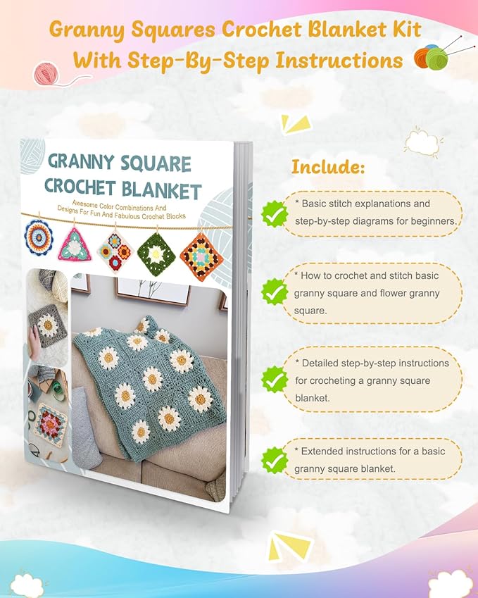 Coopay Crochet Kit Beginners for Blanket, Granny Squares Crochet Blanket Kit with Instructions & Enough Yarn, Complete Crocheting Starter Set Easy Learn to Knitting Blanket for Adults (Roman Red)