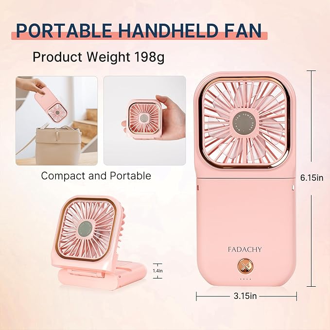 FADACHY Portable Handheld Fan Outdoor Power Bank Mini Fan 3000mAh USB Phone Holder, Handheld Pink Lovely Rechargeable