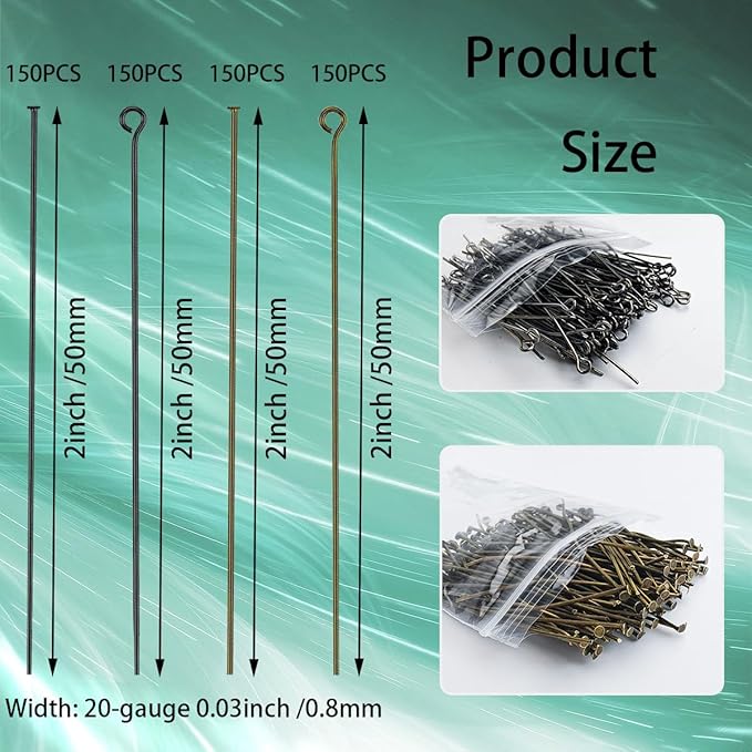 600 Pieces 2 Inch Flat Head Eye Pins for Jewelry Making DIY, Straight Bronze and Black Metal End Headpins for Craft Earring Bracelet Necklace Pendant Supplies