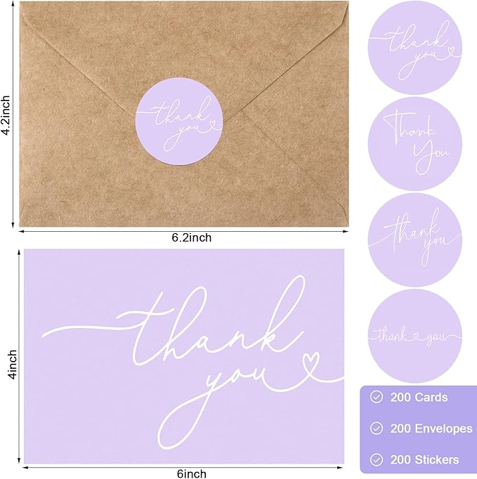 Teling 200 Set Thank You Cards with Envelopes Bulk, 6 x 4 Inch Blank Thank U Greeting Notes with Brown Kraft Envelopes Stickers Thankyou Card Set for Graduation Wedding Birthday Baby Shower(Purple)
