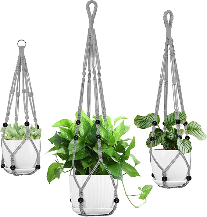 Macrame Plant Hanger - Fits 4 to 13 inches Pots for Indoor Outdoor, 35"/29"/23" Different Sizes Set, Gray (POTS NOT Included)