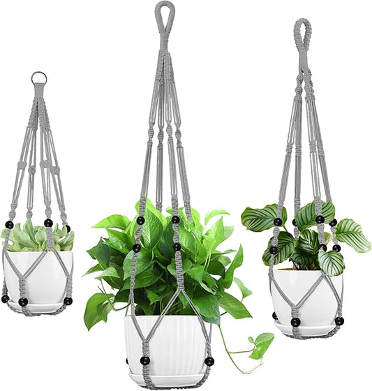 Macrame Plant Hanger - Fits 4 to 13 inches Pots for Indoor Outdoor, 35"/29"/23" Different Sizes Set, Gray (POTS NOT Included)