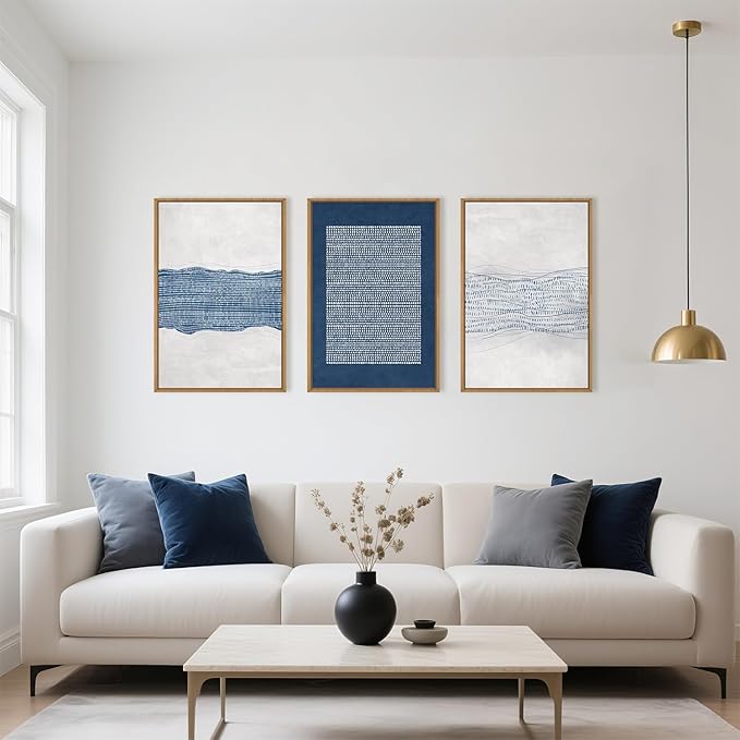Large Abstract Navy Blue and White Framed Canvas Wall Art,Minimalist Boho Waves Lines Wall Decor,Modern Mid Century Artwork,Neutral Geometric Art Print for Living Room,Bedroom,Office- 24"x36"x3