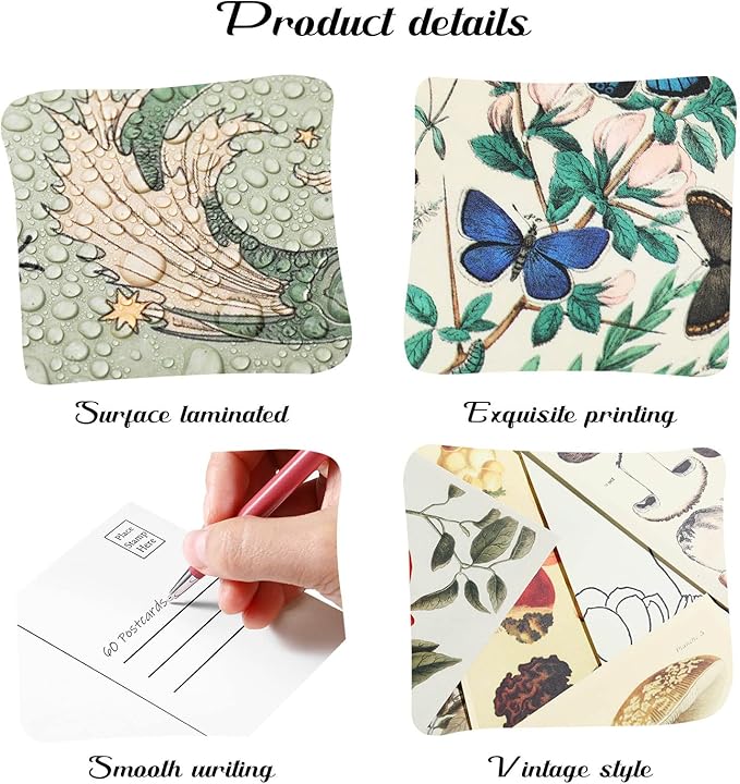 60 PCS Vintage Collection Postcard Set Retro Style Botanical Butterfly Mushroom Nature and Ephemera Postcards for DIY Card Paper