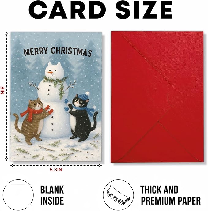 (5.3x8in) Merry Christmas Card with Envelope, Cute Cats Building Snowman Illustration, Cozy Winter Holiday Greeting for Friends, Family, Cat Lovers, and Animal Enthusiasts (Xmas 31)