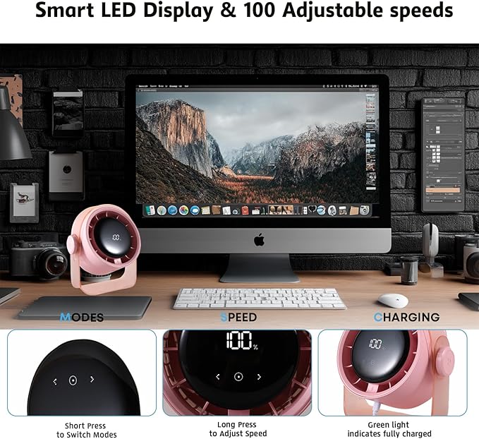 VAVOFO Desk Fan, Small Quiet LED Display Portable USB Fan, 180°Tilt, 100 Speeds, 5 Modes, Rechargeable 3600mAh Battery Operated Table Fans For Office, Bedroom, Outdoor（PINK）