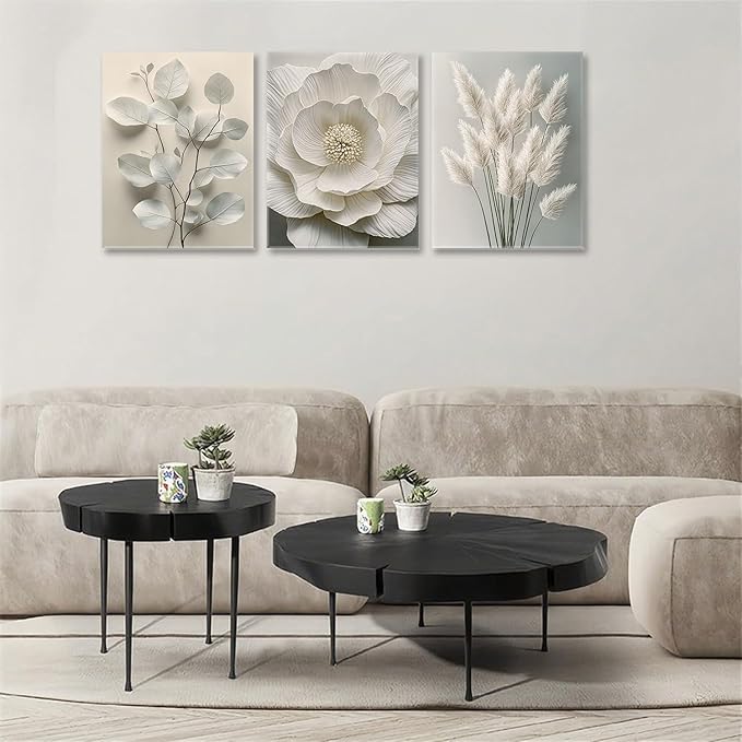 TUEASKY 3 Piece Canvas Wall Art Beige Wall Decor Flower Pictures Floral Art Prints Neutral Botanical Paintings Minimalist Artwork For Bedroom Living Room Office