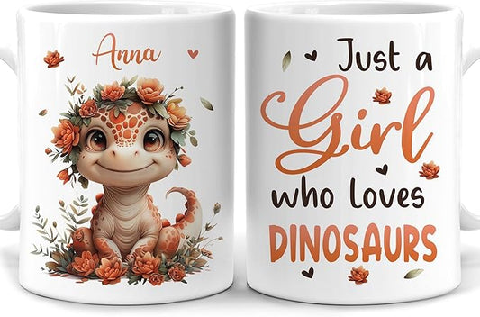 Hyturtle Personalized Cute Dinosaur Coffee Mug - Gift For Dinosaur Lover - Just A Girl Who Loves Dinosaurs - Dinosaur Gift For Women - Animal Lover Gift - Custom Coffee Cup Ceramic Mug 11oz - 15oz