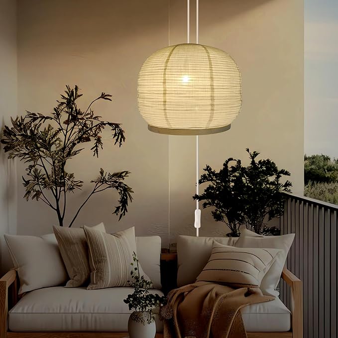 Plug in Pendant Light E26 Base 18 inch Japandi Linen Boho Hanging Lights Handmade Beige Linen and Bamboo Material for Bedroom,Farmhouse Pendant Lights Kitchen Island Living Room Natural Style