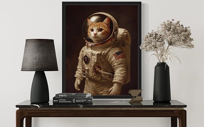 Astronaut Cat Art Poster Print, Cat Kitten Painting Humor Portrait Pet Artwork Decor Gallery A8 (Astronaut Cat, 8 x 10 inches, Black Frame)