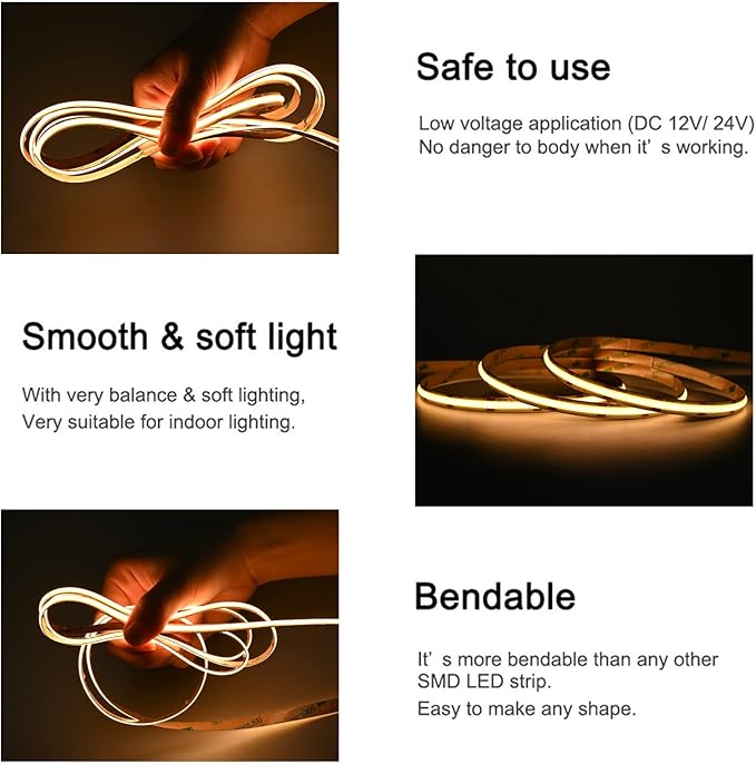 COB LED Strip Lights DC 12V LED Lights Flexible Super Bright LED Strips, 9W/m 2x16.4FT Warm White 3000K CRI 90+,480LEDs/m High Density Uniform Light for Home Room Decor