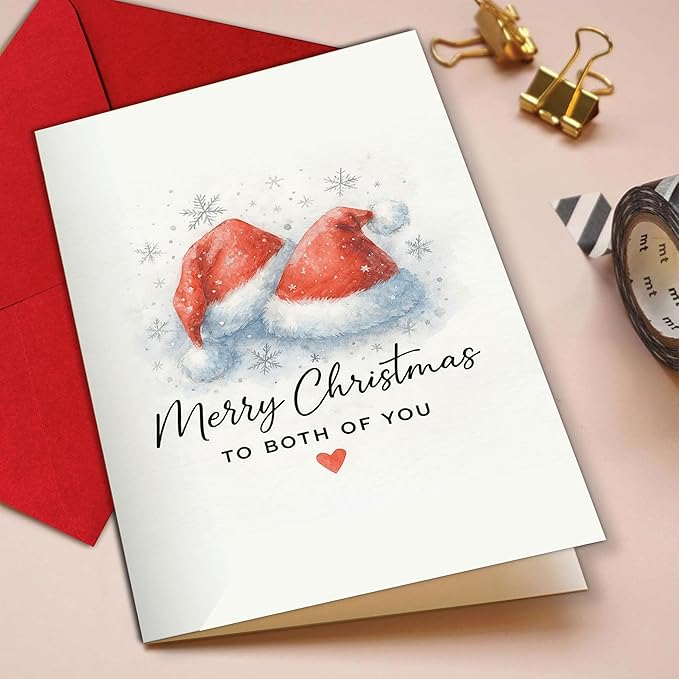 (5.3x8in) Merry Christmas to Both of You Card, Elegant Watercolor Santa Hats Design with Snowflakes Heart, Romantic Greeting Card for Couples, Friends Family, Festive Card with Envelope (Xmas 43)
