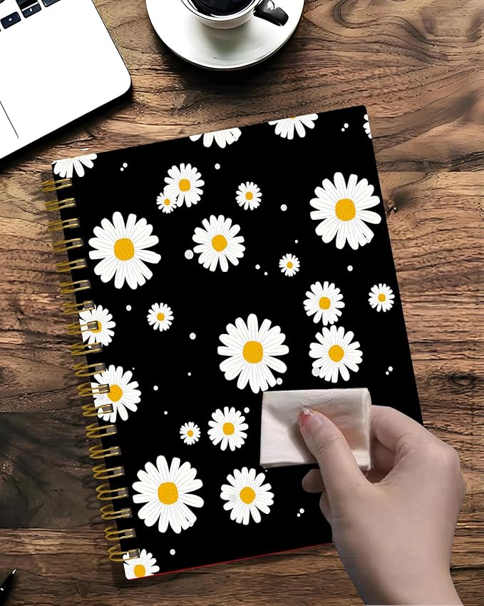 Spiral Journal Notebook,A5 Hardcover Lined Journals for Women 6 x 8.3 in,60 Sheets 120 Pages Thick Paper,Cute College Ruled Writing Notebook for Office Work School(Daisy Black)