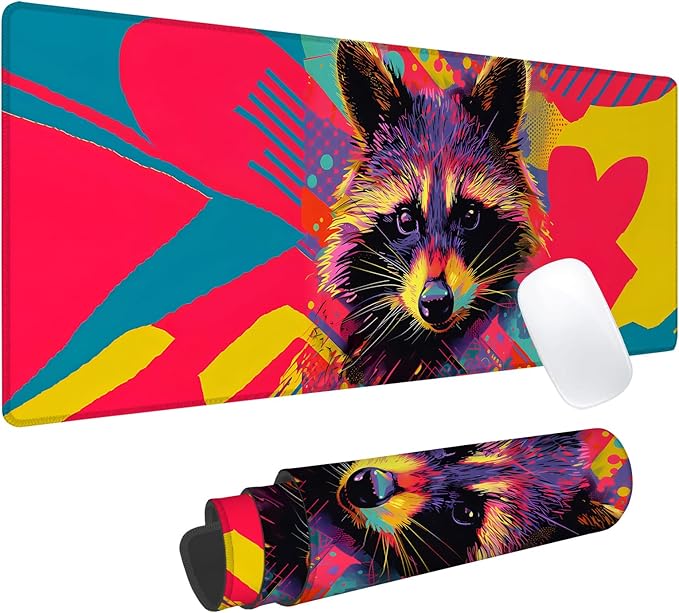 Neon Raccoon Gaming Mouse Pad, Office Desk Mat, Anti-Slip Rubber Base Cool Aesthetic Mouse Pads for Computer Laptop Keyboard School Home Desktop Gamer Home Accessories Decor 31.5" x 11.8"