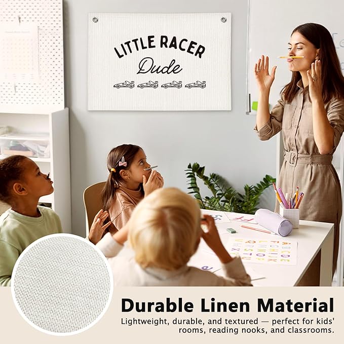Little Racer Dude Boys Room Decor - Linen Banner Wall Hanging Canvas Banner Flag Decor for Toddler Boy Bedroom Nursery Playroom