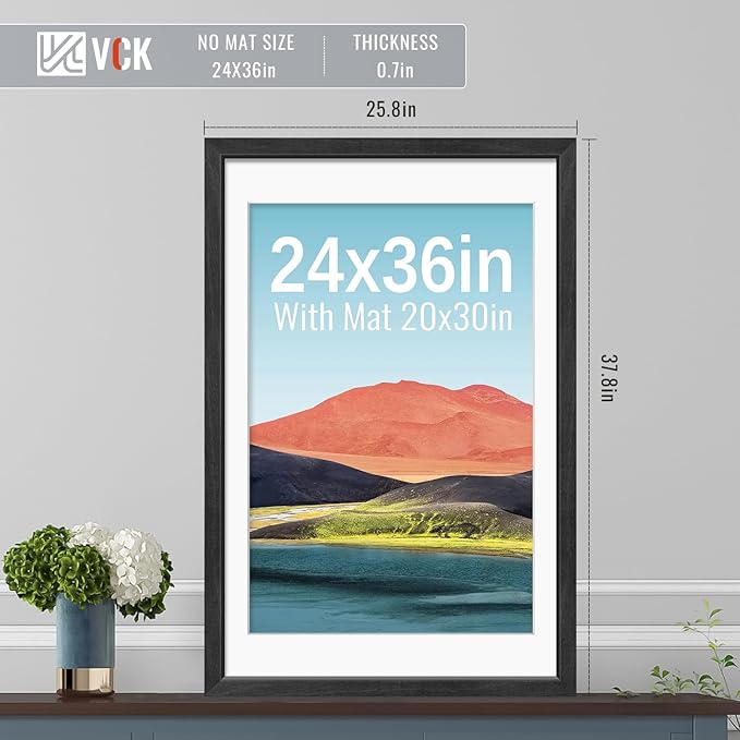 VCK 24x36 Picture Frames Black Set of 5, Wide Border Wood, Display 20x30 Photo with Mat or 24 x 36 without, for Home, Office, Gallery, Woodgrain Series, Wall Hanging