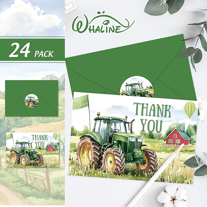 Whaline 24 Pack Tractor Thank You Cards Greeting Cards Blank Note Card with Envelopes Stickers for Farmhouse Birthday Baby Shower, 4 x 6 Inch