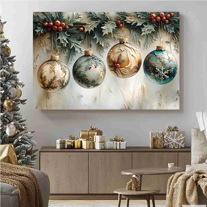 Christmas Ornament Balls Holiday Ball Decor Festive Print Vintage Christmas Canvas Wall Art Hanging Poster Vintage Holiday Print Indoor Decor for Home Offices Living Room Bedroom Dining Room farmhouse
