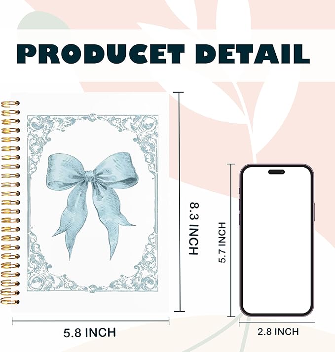 Coquette Blue Bow Notebook, Preppy Blue Floral Aesthetic Notebooks for Note Taking, Trendy Girly Journals Journaling for Women Writing, Spiral Notebook 5.5x8.3 Inch