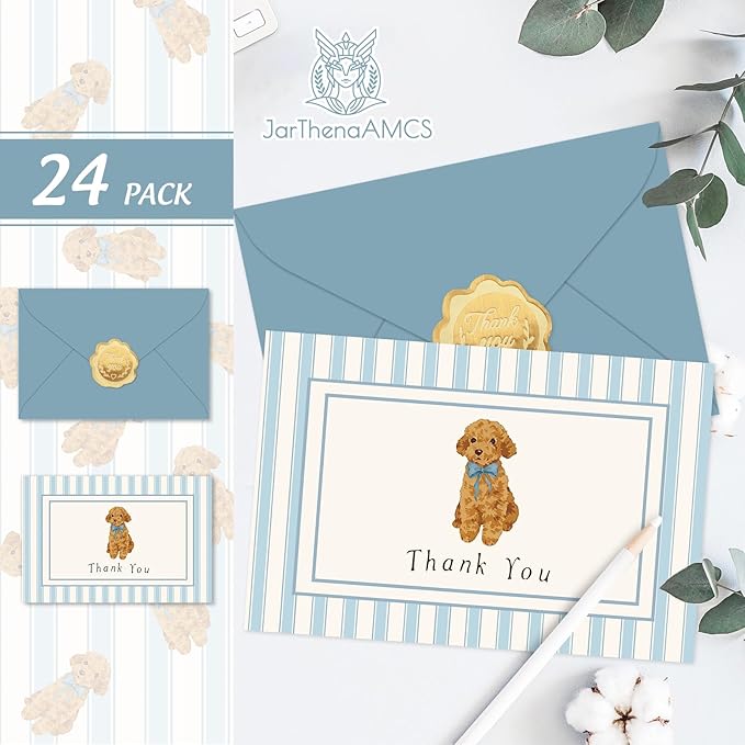 JarThenaAMCS 24 Pack Dog Thank You Cards Greeting Cards Blue Stripe Dog Blank Note Card with Envelopes Stickers for Birthday Baby Shower Party Supplies, 4 x 6 Inch