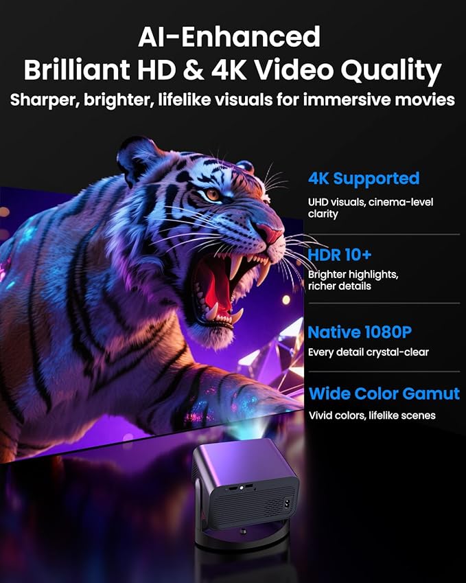 Smart Projector with WiFi and Bluetooth, UCOCARE Mini Portable Projector 4K Supported, Native 1080P Projector, Electric Focus, Auto Keystone, 50% Zoom, Video Home Movie Projector for Phone/PC/TV Stick