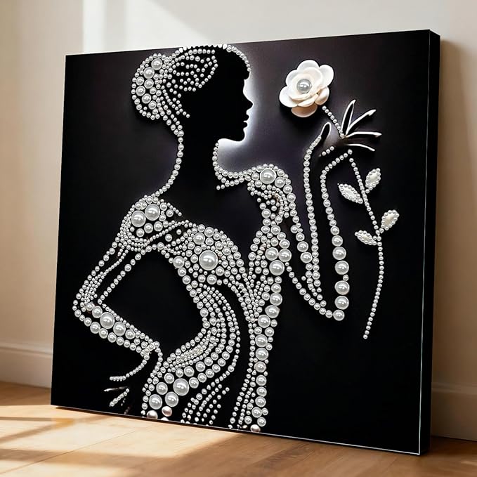 DIY Pearl Painting Kit with Wooden Frame, 3D Plastic Pearl Gemstone Ocean Art Craft for Adults Beginners, Diamond Art Kits for Adults, Home Wall Decor Ready Gift for Women(Silhouette Lady)(30 * 30cm)