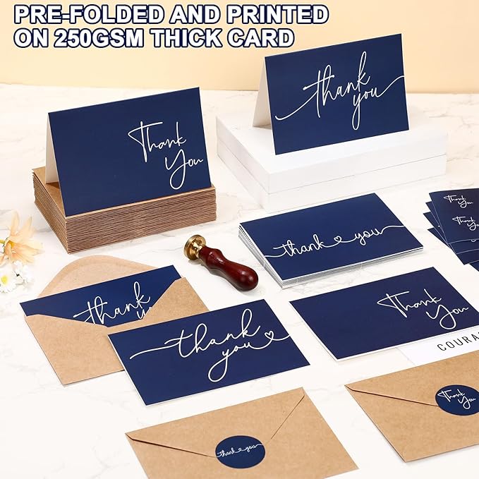 Teling 200 Set Thank You Cards with Envelopes Bulk, 6 x 4 Inch Blank Thank U Greeting Notes with Brown Kraft Envelopes Stickers Thankyou Card Set for Graduation Wedding Birthday Baby Shower(Navy Blue)