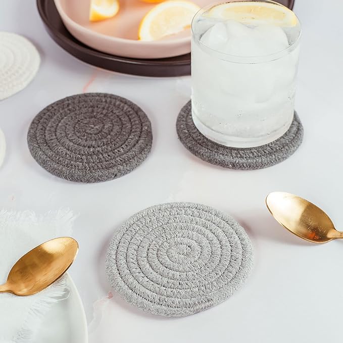 OrganiHaus Drink Coasters Set of 6, Absorbent Cotton Woven Cup Coasters, Rustic Farmhouse Boho Decor for Coffee Table and Drinks Protection, Cute Coaster for Drinks, Coaster for Office Desk - Gray