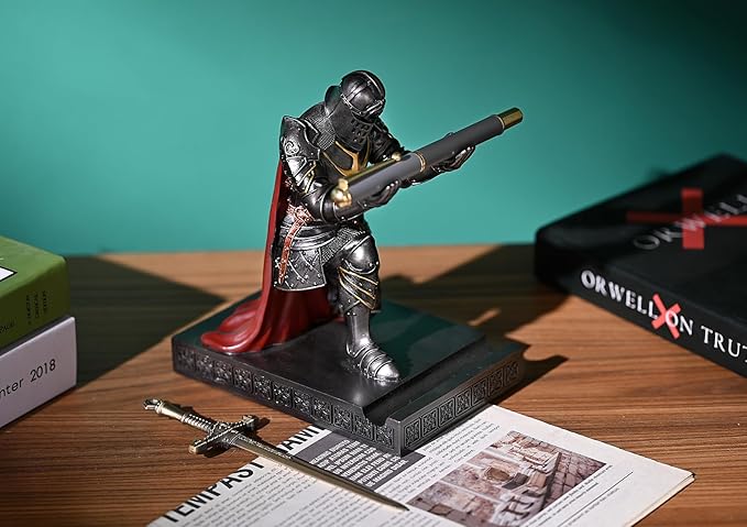 King's Guard Leader Cloak Warrior Knight Pen Holder Mobile Phone Stand, Ornament Knight Statue, Pen Stand Paperweight for Office and Home (Iron)