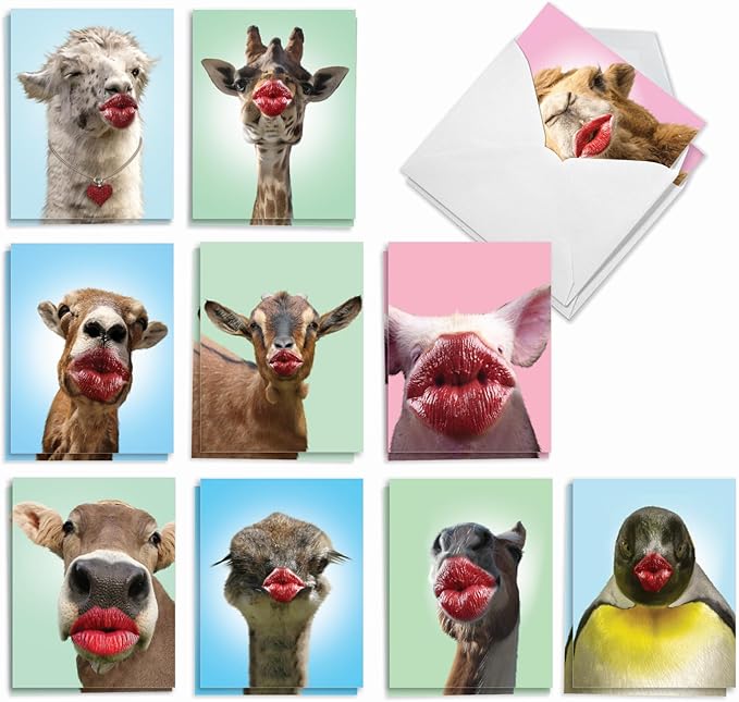 The Best Card Company Assorted Blank Greeting Card Box Set - Incl. 20 Cards + Envelopes - 10 Unique Designs - Ideal for Thank Yous, Invitations, More - Wild Kisses AM9280OCB-B2x10-NB